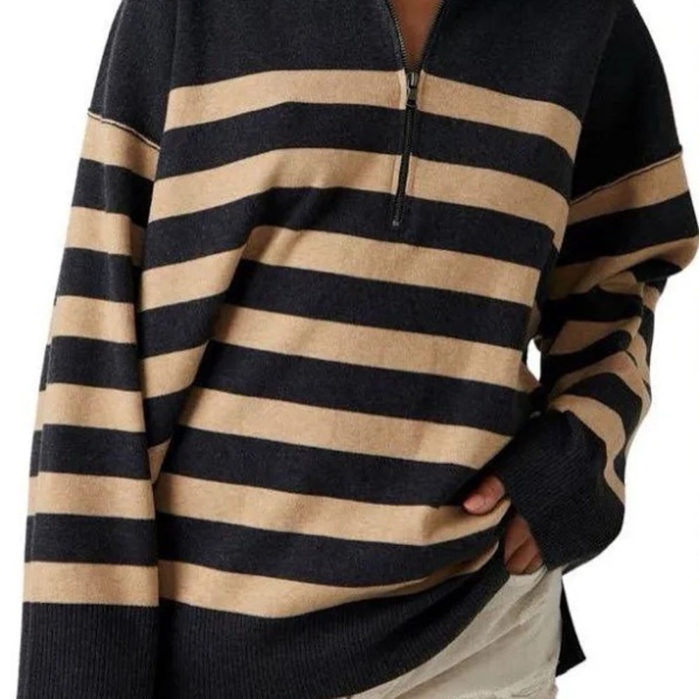 Free People Coastal Stripe Oversized Sweater Pullover in Tan and Black Stripe - Picture 2 of 6